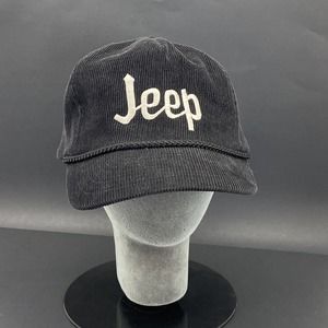 Vintage Jeep Corduroy Hat Cap Black One Size Adjustable Zip Back Spell Out Rope
